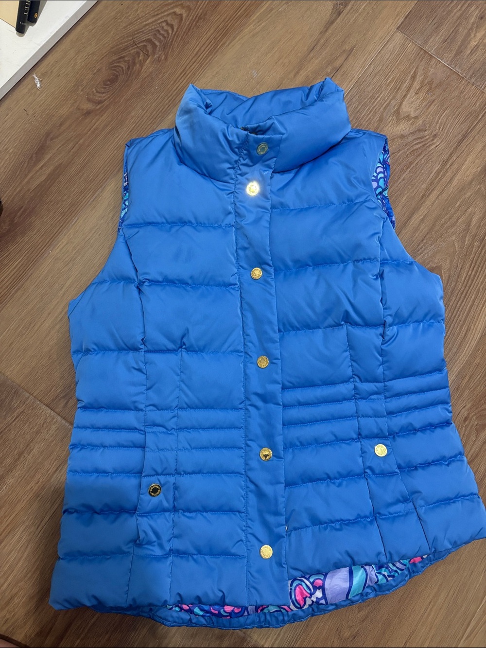 Lilly Pulitzer Blue Quilted Vest with Gold Snaps and Colorful Printed Lining